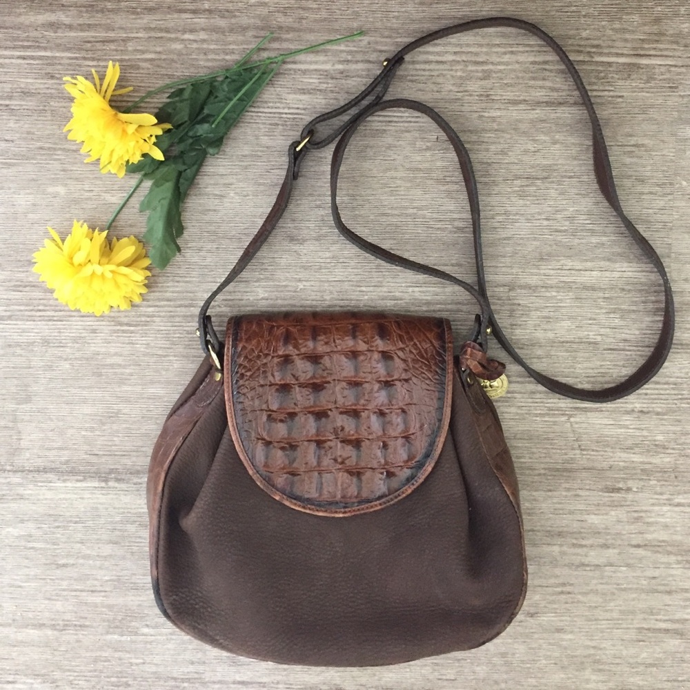 Brahmin Brown Croc-Texture Flap Leather Crossbody Bag